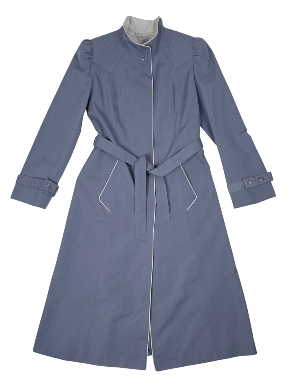 Vintage J. Gallery Trench Coat Womens 4/5 Blue Piping Duster Rain Belted Jacket